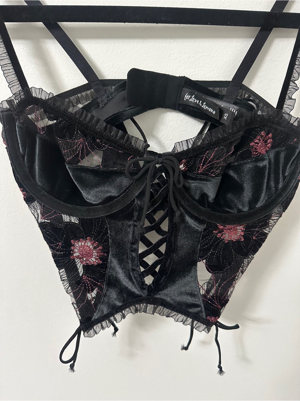 For love and lemons Black Floral Embroidered Velvet Lace-Up Corset Top - Picture 2 of 4